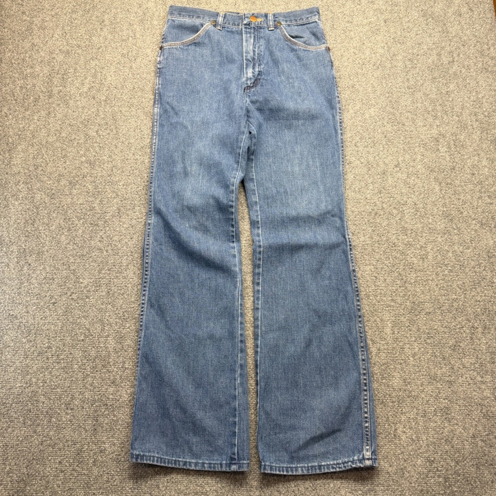 Vintage Wrangler Flare Leg Jeans Blue Denim Made in USA Talon Zipper 33 Medium